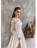 Long Sleeves Beaded Ivory Lace Satin High Slit Wedding Dress